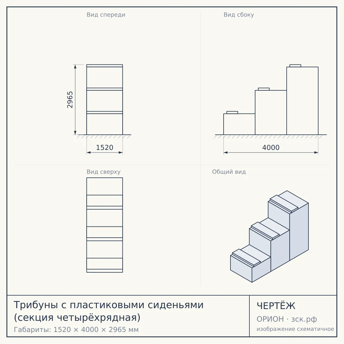 Трибуны с пластиковыми сиденьями (секция четырёхрядная) — чертёж